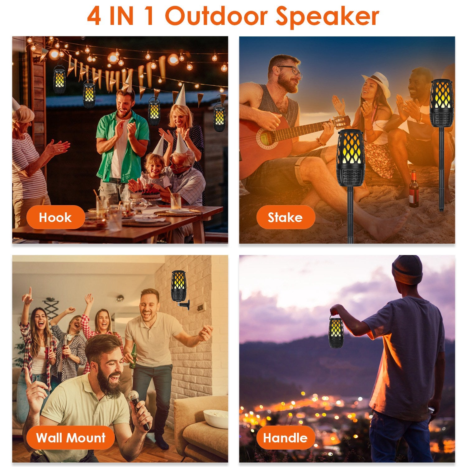 1Pc 4 In 1 Wireless 5.3 Outdoor Speaker IPX5 Waterproof Patio Speaker LED Flame Speaker With 3 Flame Light Modes Hook Stake Wall Mount Holder Sync Up To 1,00 Speakers 5 ed17a509-3c6d-45e4-9cef-ee07fd796b57 Vendor 1