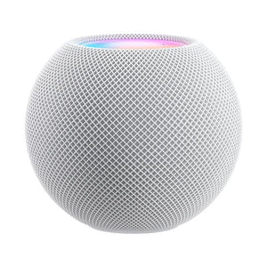 White smart speaker with colorful light on a white background